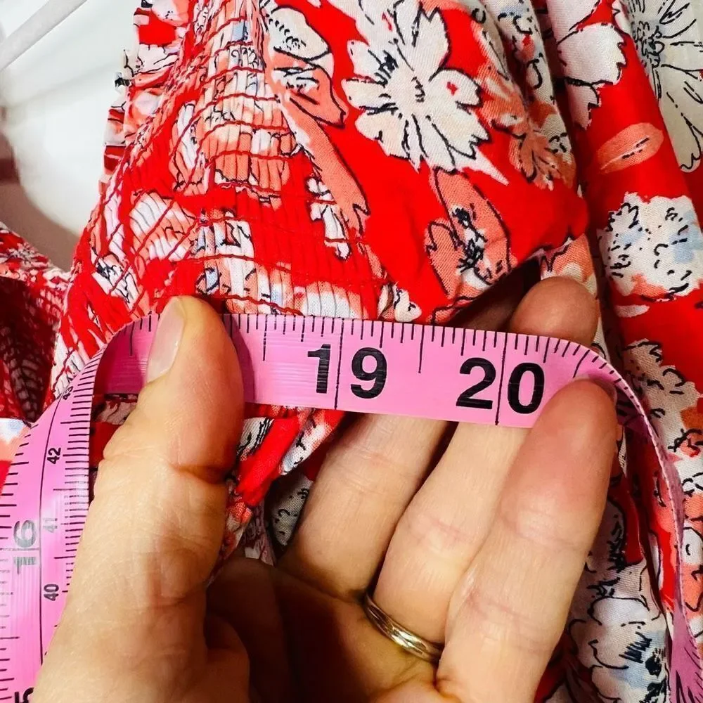 Free People Pink Red White Floral Crop Puff Blouson Sleeve Blouse